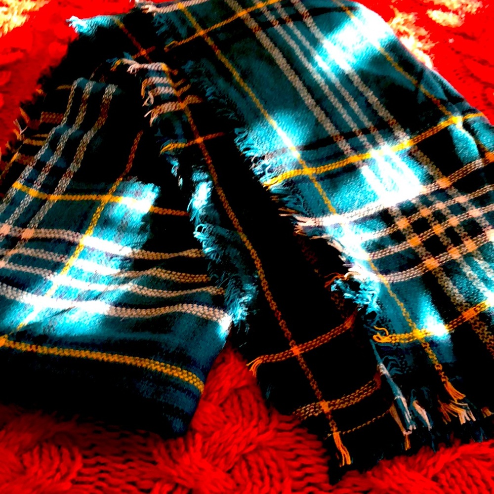 Turquoise Navy Yellow Cream plaid scarf